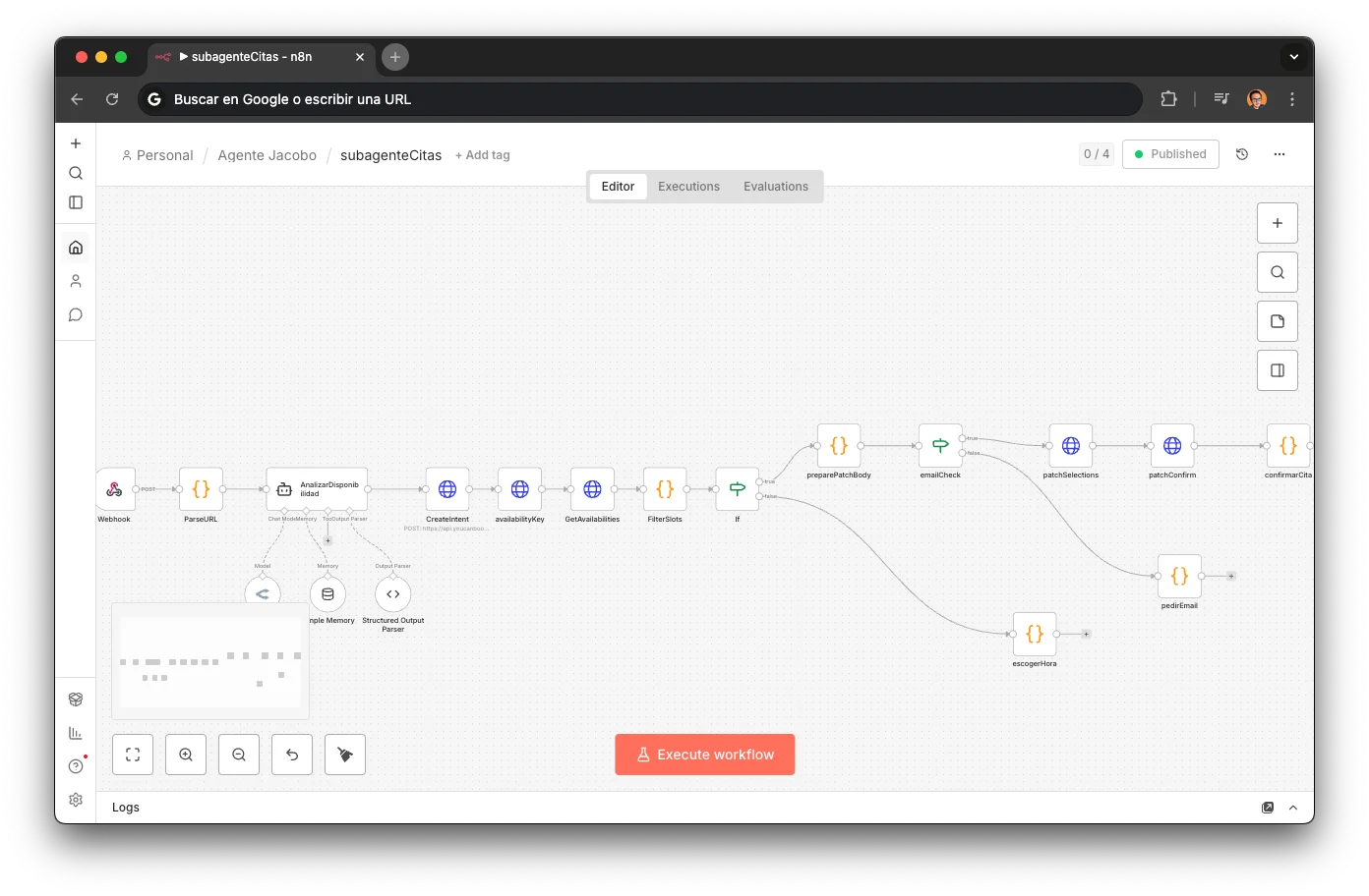 Workflow del sub-agente de citas en n8n: 18 nodos