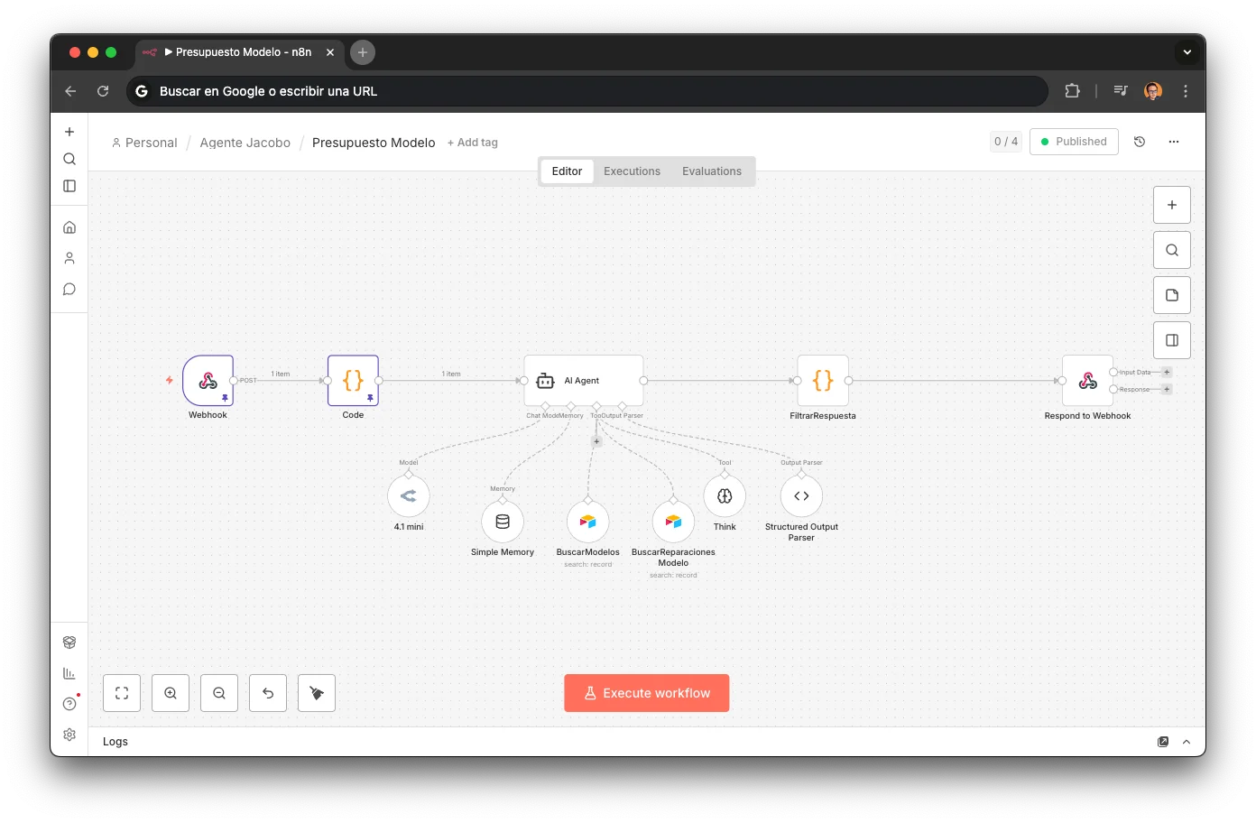 Workflow del sub-agente de presupuestos en n8n: 11 nodos