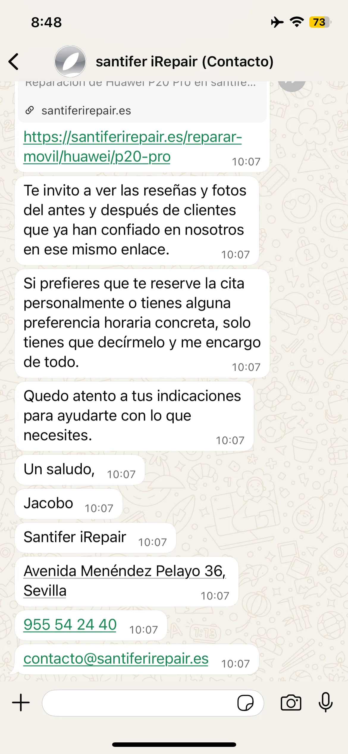 Firma: "Un saludo, Jacobo — Amit Bhardwaj iRepair — dirección + teléfono + email"